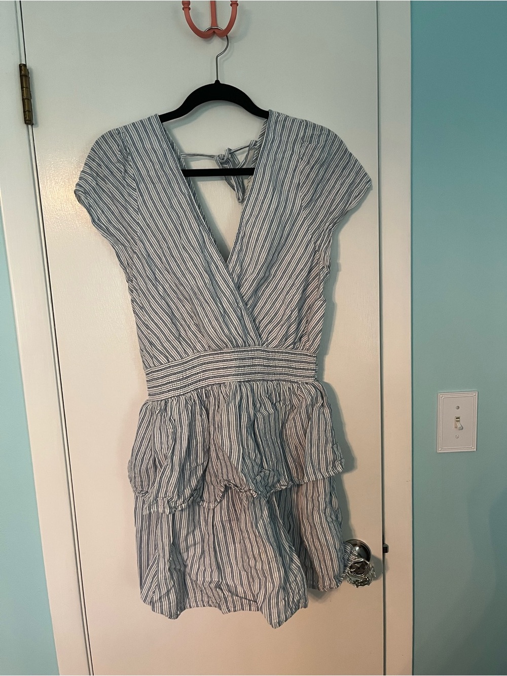 American Eagle Outfitters Blue and White Striped V-Neck Mini Dress
